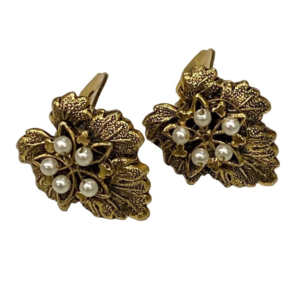 Vintage Clip On Earrings Leaf Brushed Gold Tone Faux Pearl 3/4”